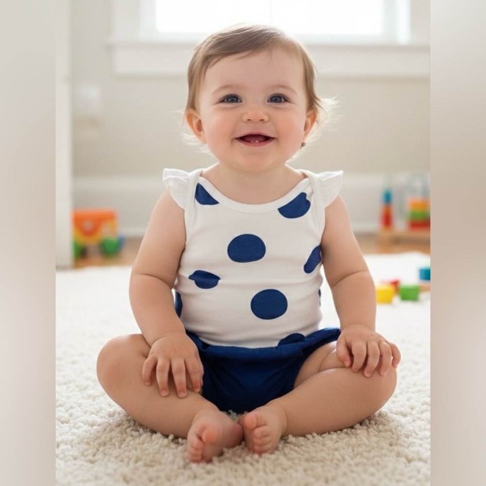 Carters white/blue circles onesie/blue shorts 2-piece set, size 12 mon